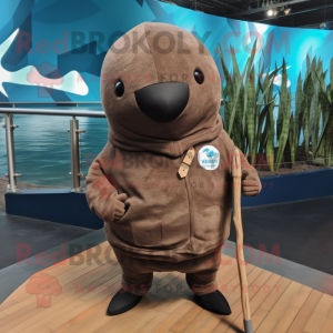 Brown Narwhal mascot costume character dressed with a Hoodie and Lapel pins