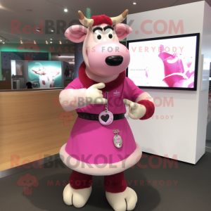 Pink Hereford Cow mascot costume character dressed with a Midi Dress and Bracelet watches