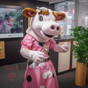 Pink Hereford Cow mascot costume character dressed with a Midi Dress and Bracelet watches