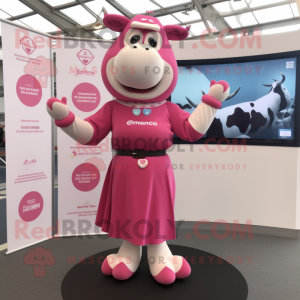 Pink Hereford Cow mascot costume character dressed with a Midi Dress and Bracelet watches