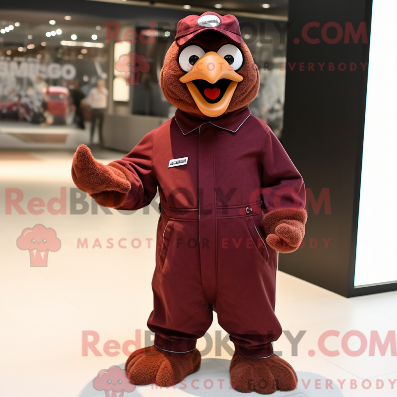 Característica de máscara de um vestido vermelho com um macacão e hansker - Mascotes de codorna - RedBrokoly.com