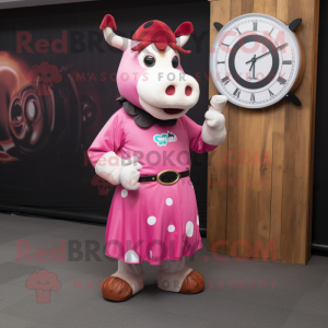 Pink Hereford Cow mascot costume character dressed with a Midi Dress and Bracelet watches