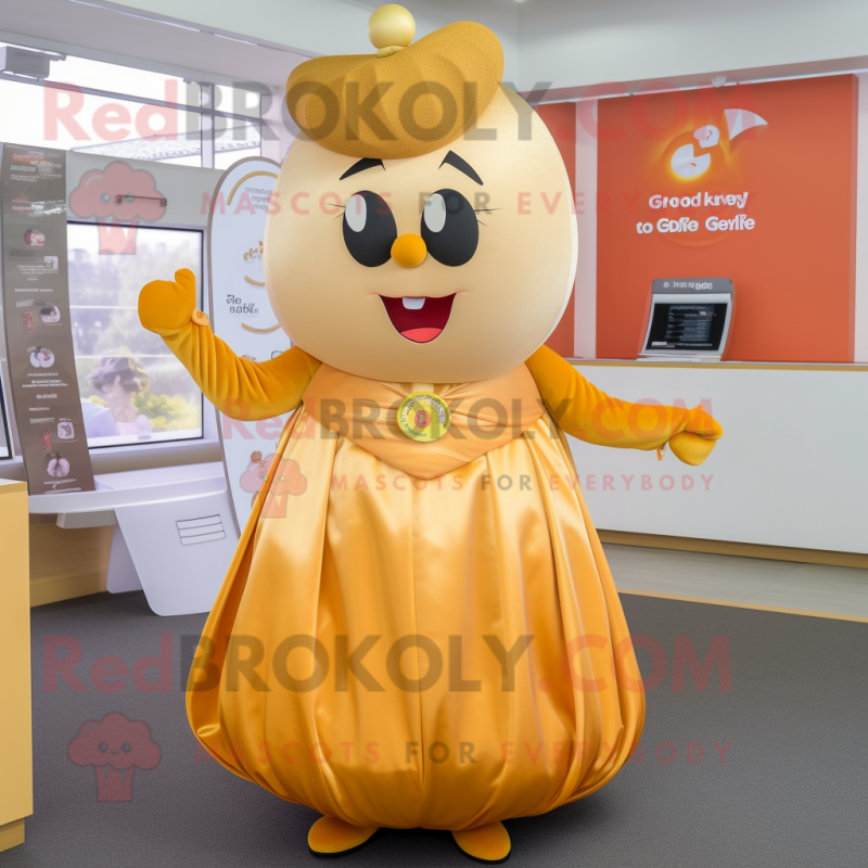 Gold Apricot mascot costume character dressed with a Midi Dress and Belts