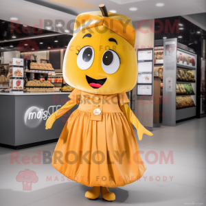 Gold Apricot mascot costume character dressed with a Midi Dress and Belts