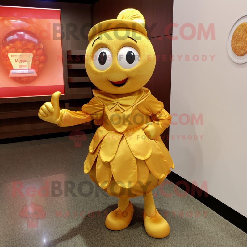 Gold Apricot mascot costume character dressed with a Midi Dress and Belts Gold Apricot mascot costume character dressed with a Midi Dress and Belts