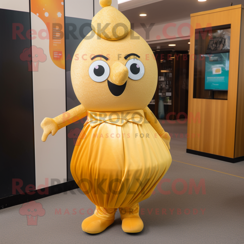 Gold Apricot mascot costume character dressed with a Midi Dress and Belts