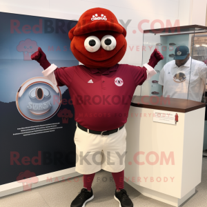 Maroon Oyster mascot costume character dressed with a Polo Shirt and Watches