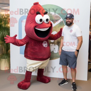 Maroon Oyster mascot costume character dressed with a Polo Shirt and Watches