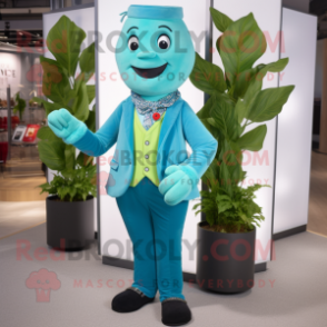 Turquoise Beanstalk mascot costume character dressed with a V-Neck Tee and Pocket squares