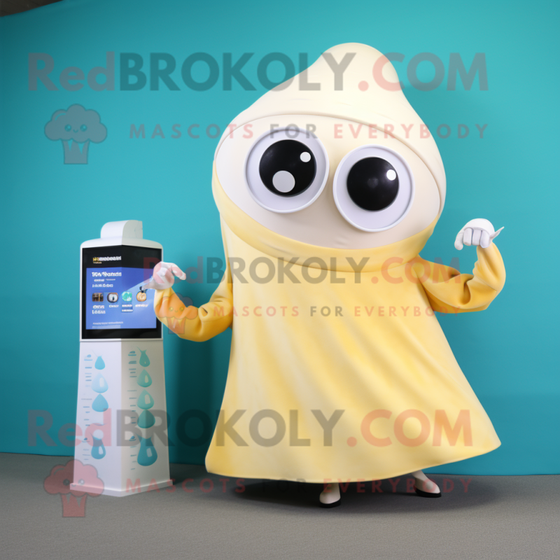 Cream Squid mascot costume character dressed with a Wrap Skirt and Smartwatches