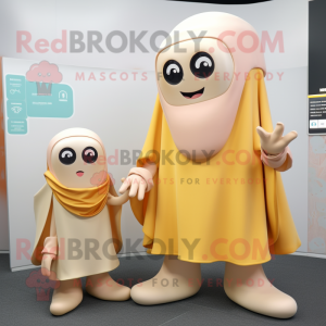 Cream Squid mascot costume character dressed with a Wrap Skirt and Smartwatches