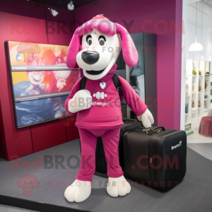 Magenta Dog mascot costume character dressed with a Joggers and Briefcases