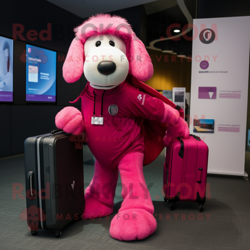 Magenta Dog mascot costume character dressed with a Joggers and Briefcases Magenta Dog mascot costume character dressed with a Joggers and Briefcases