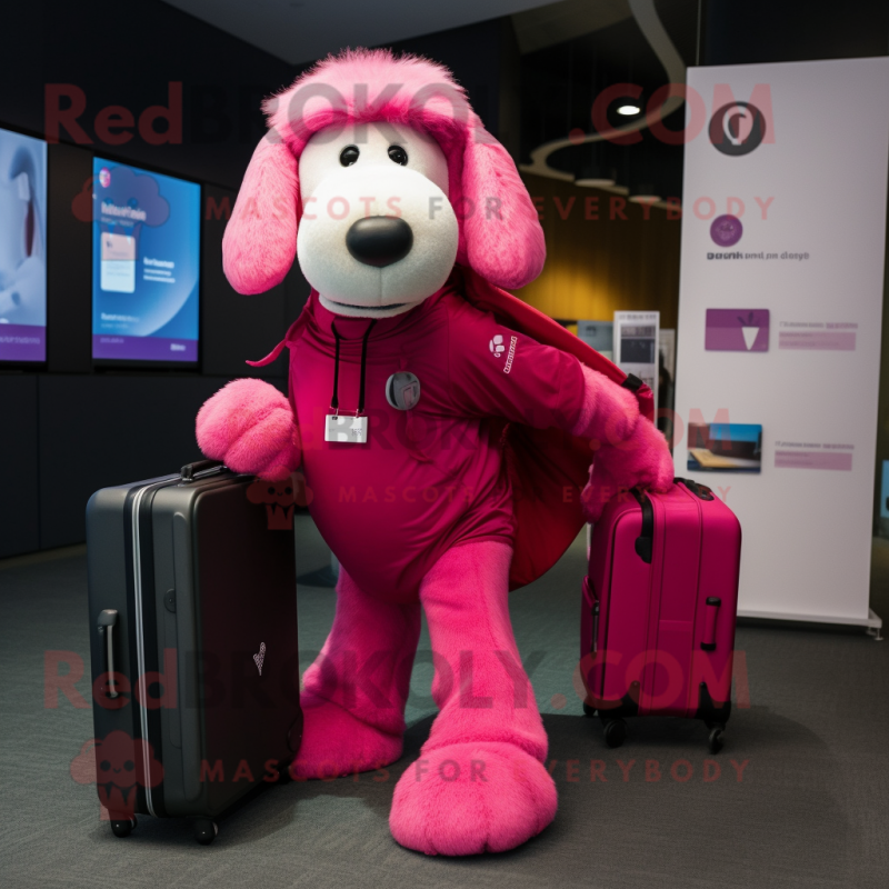 Magenta Dog mascot costume character dressed with a Joggers and Briefcases