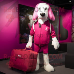 Magenta Dog mascot costume character dressed with a Joggers and Briefcases