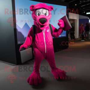 Magenta Dog mascot costume character dressed with a Joggers and Briefcases