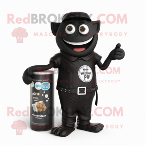 Black Soda Can mascot costume character dressed with a Henley Shirt and Wallets