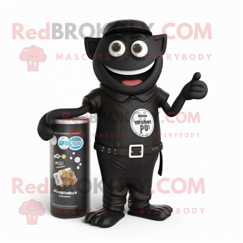 Black Soda Can mascot costume character dressed with a Henley Shirt and Wallets Black Soda Can mascot costume character dressed with a Henley Shirt and Wallets