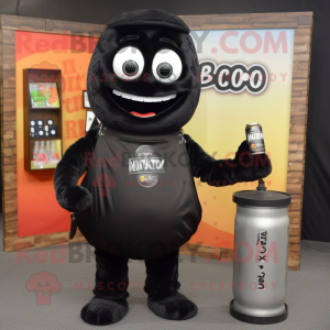 Black Soda Can mascot costume character dressed with a Henley Shirt and Wallets