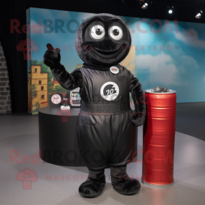 Black Soda Can mascot costume character dressed with a Henley Shirt and Wallets