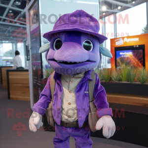 Purple Cod mascot costume character dressed with a Henley Shirt and Beanies