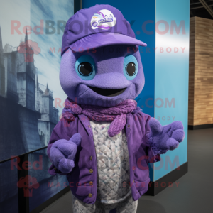 Purple Cod mascot costume character dressed with a Henley Shirt and Beanies
