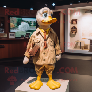 Tan Duck mascot costume character dressed with a Corduroy Pants and Brooches