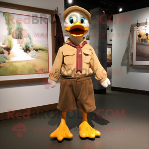 Tan Duck mascot costume character dressed with a Corduroy Pants and Brooches