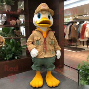 Tan Duck mascot costume character dressed with a Corduroy Pants and Brooches