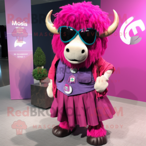 Magenta Bison mascot costume character dressed with a Wrap Skirt and Eyeglasses