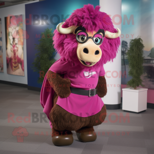 Magenta Bison mascot costume character dressed with a Wrap Skirt and Eyeglasses