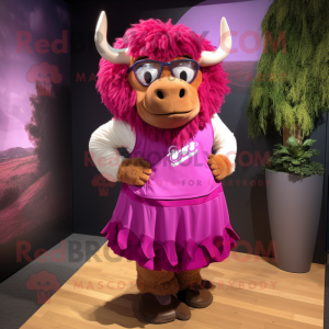 Magenta Bison mascot costume character dressed with a Wrap Skirt and Eyeglasses
