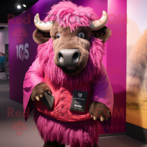 Magenta Bison mascot costume character dressed with a Wrap Skirt and Eyeglasses