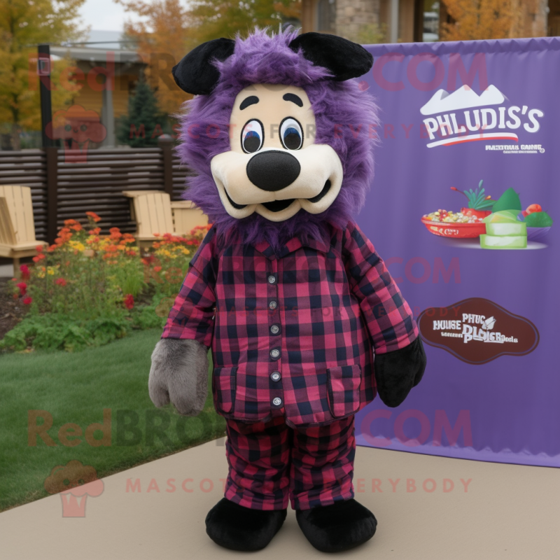 Purple Shepard'S Pie mascot costume character dressed with a Flannel Shirt and Cummerbunds