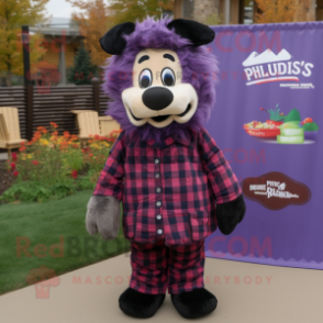 Purple Shepard'S Pie mascot costume character dressed with a Flannel Shirt and Cummerbunds