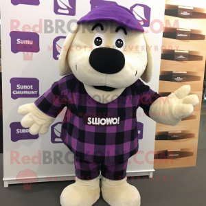 Purple Shepard'S Pie mascot costume character dressed with a Flannel Shirt and Cummerbunds