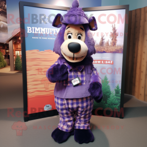 Purple Shepard'S Pie mascot costume character dressed with a Flannel Shirt and Cummerbunds