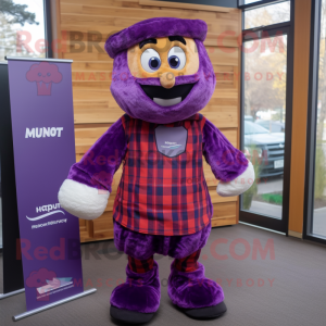 Purple Shepard'S Pie mascot costume character dressed with a Flannel Shirt and Cummerbunds