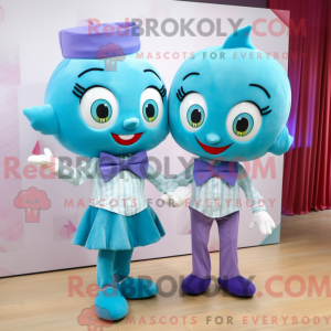 Maskotfigur af en cyan...