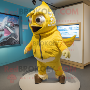 Yellow Tuna mascot costume character dressed with a Trousers and Mittens