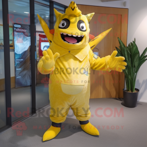 Yellow Tuna mascot costume character dressed with a Trousers and Mittens