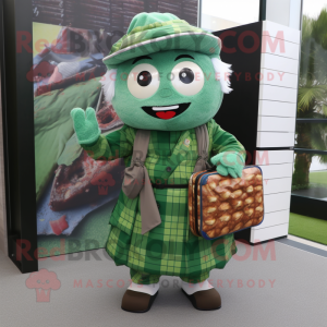 Forest Green Sushi mascot costume character dressed with a Flannel Shirt and Briefcases