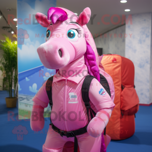 Pink Horse mascot costume character dressed with a Swimwear and Backpacks