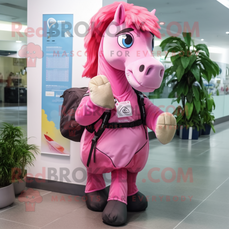 Pink Horse mascot costume character dressed with a Swimwear and Backpacks Pink Horse mascot costume character dressed with a Swimwear and Backpacks
