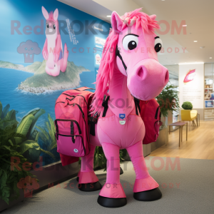 Pink Horse mascot costume character dressed with a Swimwear and Backpacks