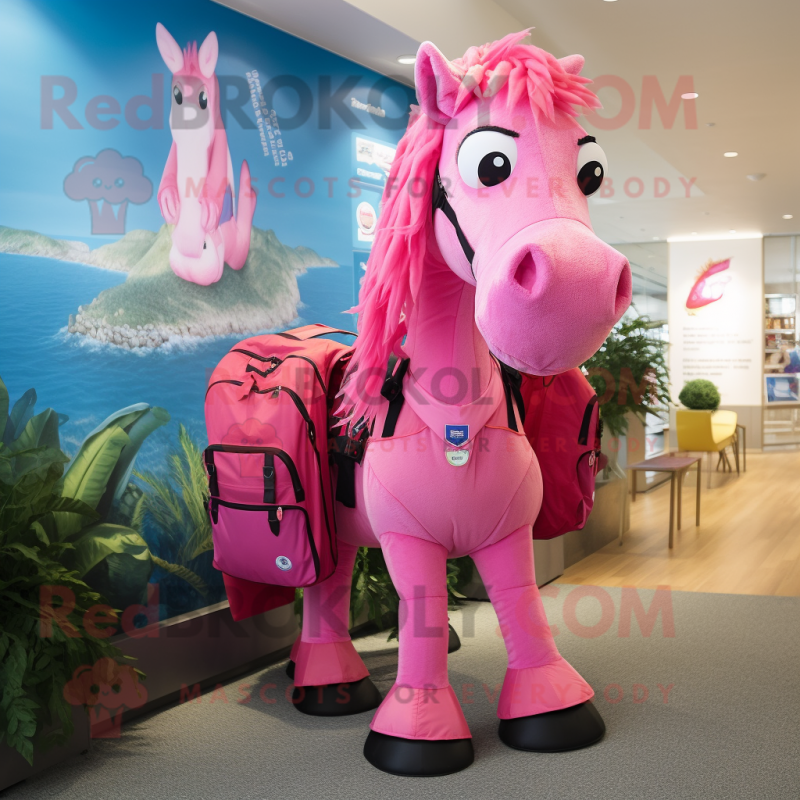 Pink Horse mascot costume character dressed with a Swimwear and Backpacks Pink Horse mascot costume character dressed with a Swimwear and Backpacks