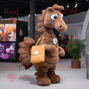 Brown Sea Horse mascot costume character dressed with a Coat and Messenger bags
