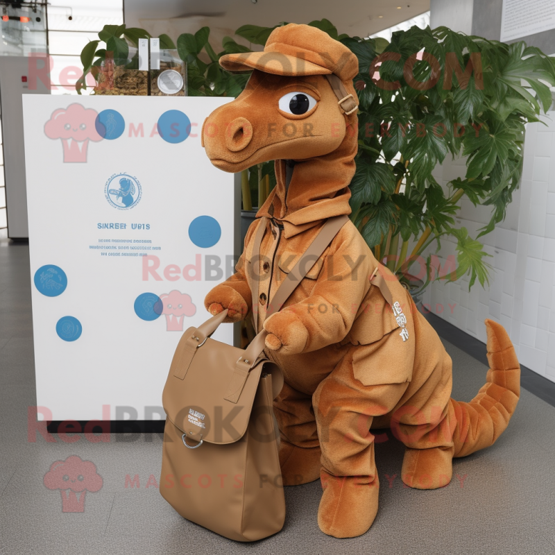 Brown Sea Horse mascot costume character dressed with a Coat and Messenger bags