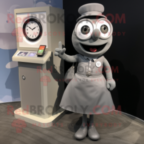 Gray Phone mascot costume character dressed with a Skirt and Watches