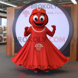 Maskotkarakter av en rød...